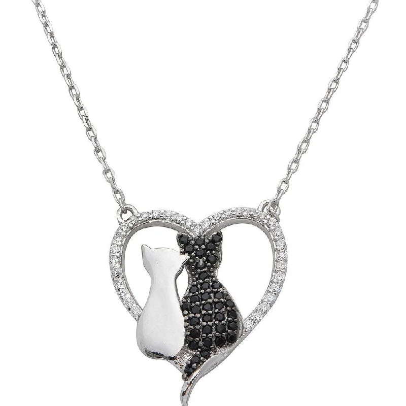 Beautiful necklaces and pendants with butterfly motifs for a whimsical style-Rhodium Plated 925 Sterling Silver CZ Open Heart with 2 Cat Necklace - STP01527