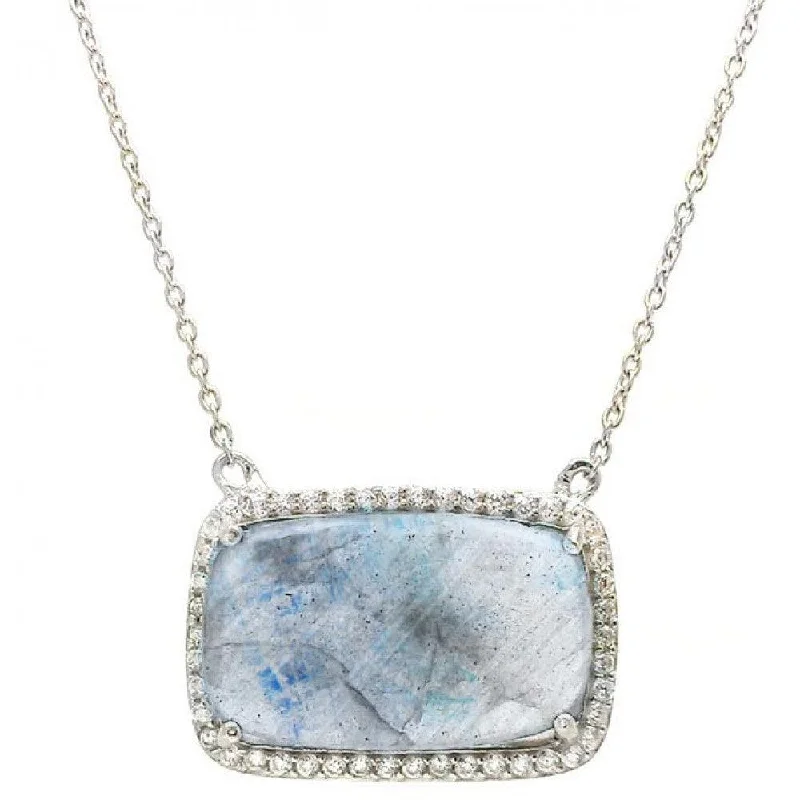 Beautiful necklaces and pendants with moonstone for an ethereal, mystical appearance-Silver 925 Rhodium Plated CZ Accents Moonstone Pendant Necklace - STP01428MO