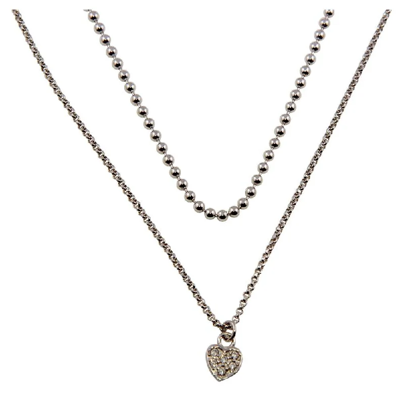 Necklaces and pendants with celestial starburst designs for a radiant look-Rhodium Plated 925 Sterling Silver Double Chain and Drop Heart Necklace - ITN00127RH