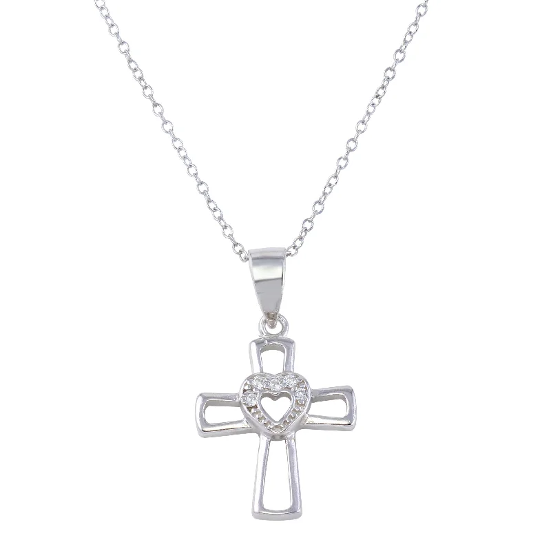 Best necklaces and pendants with opal and gold for a vibrant, luxurious contrast-Rhodium Plated 925 Sterling Silver Open Cross and Heart Pendant Necklace with CZ - STP01623