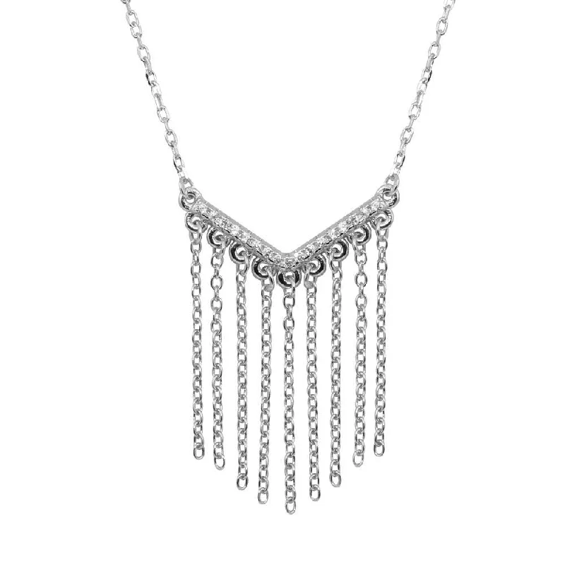 Best necklaces and pendants for weddings with matching designs for bride and groom-Rhodium Plated 925 Sterling SilverPlated V with Drops CZ Necklace - BGP01236