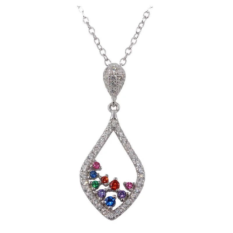 Best necklaces and pendants with silver chains for a sleek, timeless look-Rhodium Plated 925 Sterling Silver Droplet Necklace with Clear and Multi Colored CZ - BGP01233