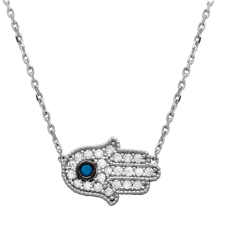 Best necklaces and pendants with vintage coin pendants for a unique accessory-Silver 925 Rhodium Plated CZ Encrusted Hamsa Necklace with Turquoise Stone - GMN00016RH