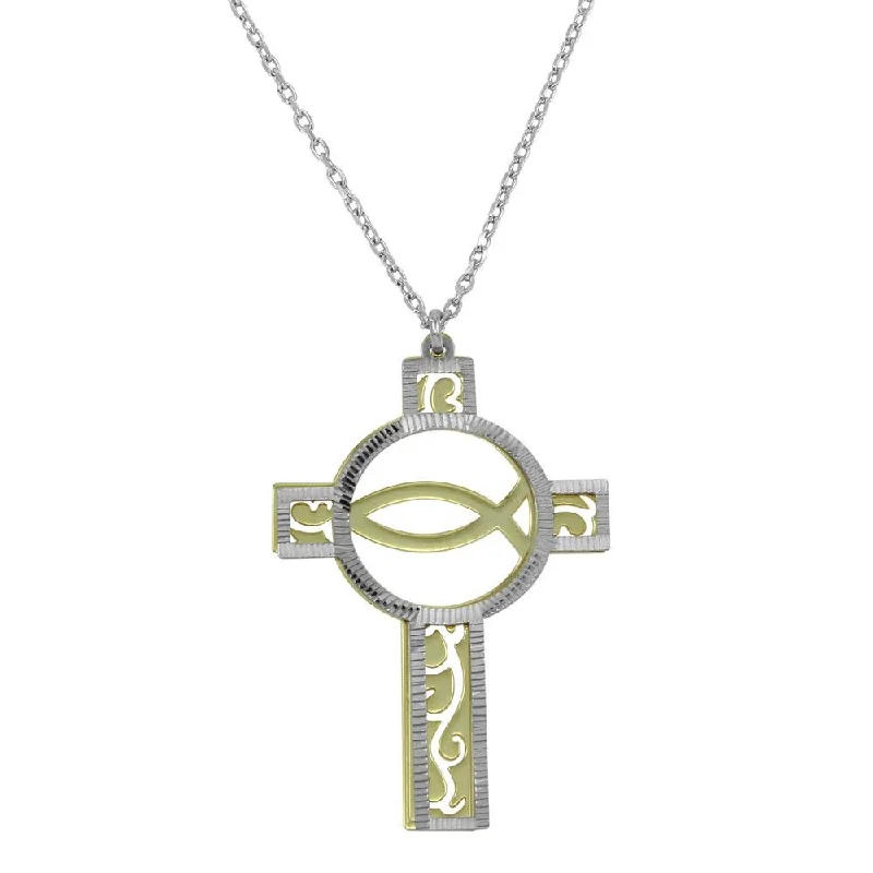 Beautiful necklaces and pendants with moon and star charms for a dreamy effect-Two-Tone Gold and Rhodium Plated 925 Sterling Silver  Cross Pendant Necklace - SOP00046