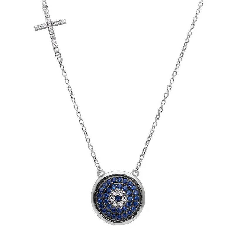 Necklaces and pendants with celestial starburst designs for a radiant look-Silver 925 Rhodium Plated Blue CZ Evil Eye with CZ Cross Charm Necklace - BGP01124