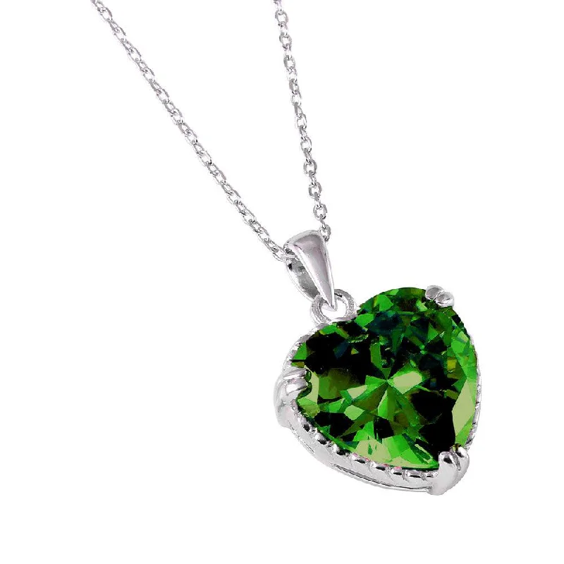 Elegant necklaces and pendants with diamond accents for added sparkle-Silver 925 Rhodium Plated Green Heart CZ Rope Necklace - BGP00730