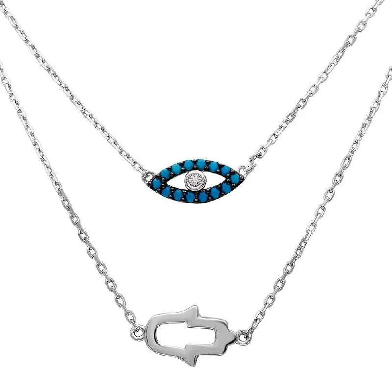 Necklaces and pendants with enamel accents for a colorful, eye-catching appearance-Silver 925 Rhodium Plated Hamsa Hand and Evil Eye Necklace - GMN00015RH