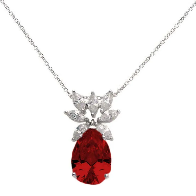 Necklaces and pendants with crescent moon designs for a celestial and mystical feel-Silver 925 Rhodium Plated Clear CZ and Red Pear CZ Pendant Necklace - STP00941RED