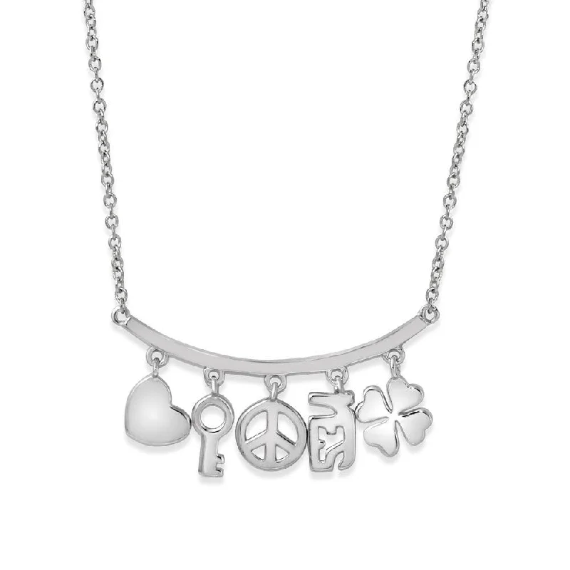 Necklaces and pendants with clear quartz for a pure and radiant look-Rhodium Plated 925 Sterling Silver Slanted Line Bar Necklace with Dangling Charms - BGP01209