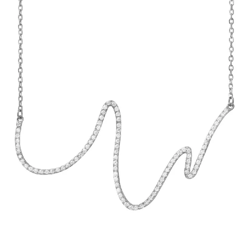 Best necklaces and pendants with heart-shaped designs for a romantic look-Rhodium Plated 925 Sterling Silver Wave Design with CZ Necklace - BGP01161RHD