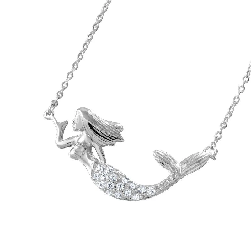 Necklaces and pendants with geometric pendants for a clean, contemporary design-Silver 925 Rhodium Plated Clear CZ Mermaid Necklace - BGP01047