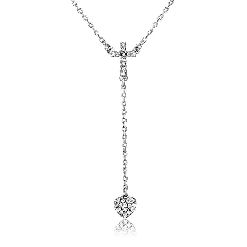 Necklaces and pendants with angel wing motifs for a spiritual, meaningful design-Silver 925 Rhodium Plated Cross with Hanging Heart Necklace - BGP01105