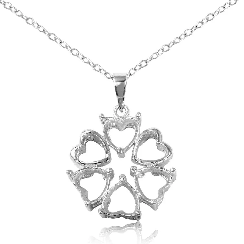 Best necklaces and pendants with crystal accents for a sparkling and elegant style-Silver 925 Rhodium Plated Personalized 4 Hearts Mounting 2 Open Heart Flower Necklace - BGP00785