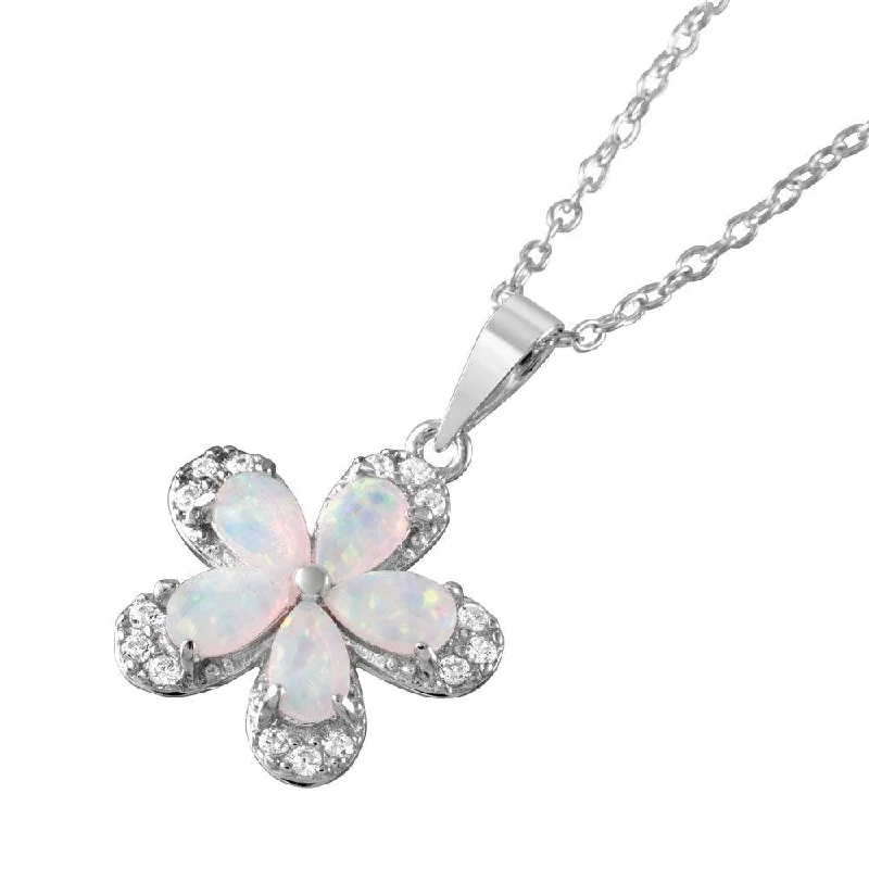 Best necklaces and pendants for weddings with matching designs for bride and groom-Silver 925 Rhodium Plated Clear CZ Flower Pear Opal Pendant Necklace - BGP01050