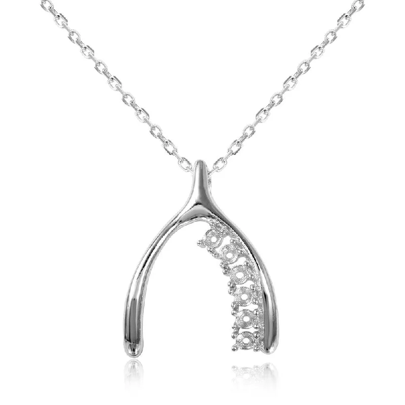 Best necklaces and pendants with floral designs for a feminine and elegant feel-Silver 925 Rhodium Plated Personalized 6 Mounting Wish Bone Necklace - BGP00541