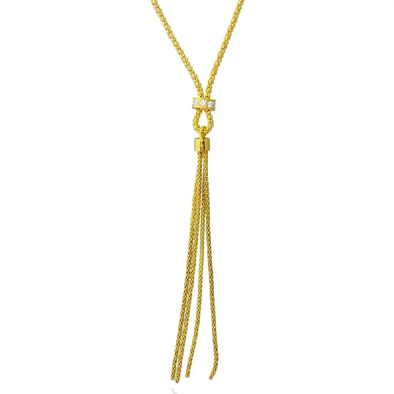 Necklaces and pendants with custom designs for a completely unique jewelry piece-Gold Plated 925 Sterling Silver Tassel Drop Necklace with Connected CZ Ring Knot - ARN00033GP