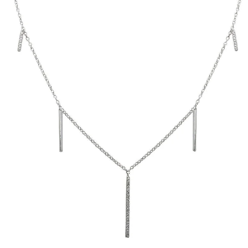 Necklaces and pendants with clear quartz for a pure and radiant look-Rhodium Plated 925 Sterling Silver CZ Hanging Bars Necklace - STP01534