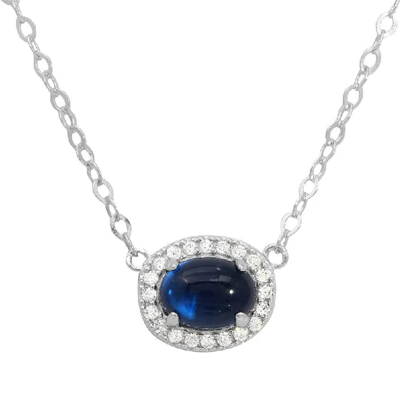 Necklaces and pendants with matching rings for a coordinated set of jewelry-Rhodium Plated 925 Sterling Silver Oval Halo CZ Pendant Blue Center Stone Necklace - GMN00022-SEP