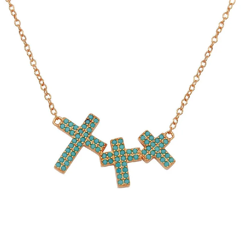 Best necklaces and pendants with infinity hearts for a romantic, eternal symbol-Rose Gold Plated 925 Sterling Silver Side By Side 3 Crosses Turquoise Stones Necklace - STP01548RGP