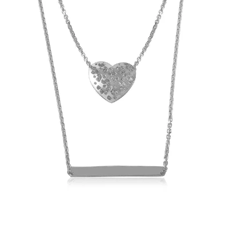 Best necklaces and pendants with intricate beadwork for a bohemian-inspired look-Silver 925 Rhodium Plated Double Chain Heart and Bar Necklace - DIN00043RH