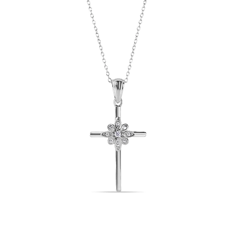 Stunning necklaces and pendants with amethyst gemstones for a calming effect-Rhodium Plated 925 Sterling Silver Cross and Flower Pendant Necklace with CZ - STP01621