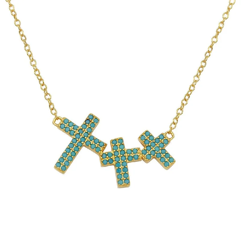 Beautiful necklaces and pendants with diamond halo settings for extra brilliance-Gold Plated 925 Sterling Silver Side By Side 3 Crosses Turquoise Stones Necklace - STP01548GP