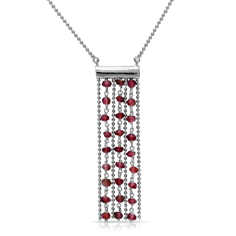 Best necklaces and pendants with gemstone clusters for a bold and colorful effect-Rhodium Plated 925 Sterling Silver Bead Chain Necklace with Dropped Dark Red Beads - DIN00069RH-GR