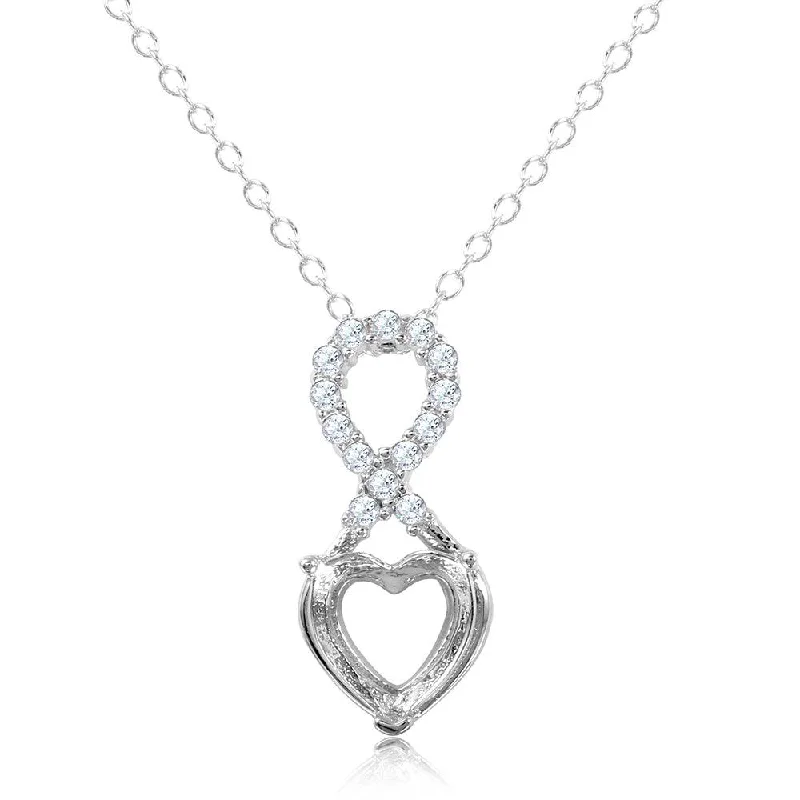 Simple necklaces and pendants with bar pendants for a sleek modern design-Silver 925 Rhodium Plated Personalized Infinity Drop Heart Mounting Necklace with CZ - BGP01088