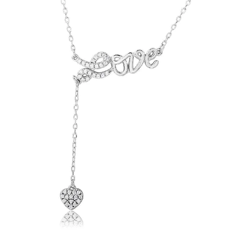 Beautiful necklaces and pendants with layered chains for a fashionable, chic look-Silver 925 Rhodium Plated CZ Love with Hanging Heart Necklace - BGP01107