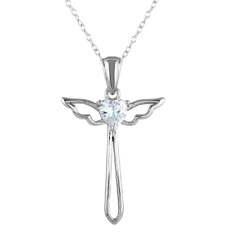 Necklaces and pendants with angel wing motifs for a spiritual, meaningful design-Rhodium Plated 925 Sterling Silver  Heart and Wings Cross Necklace with CZ - STP01618