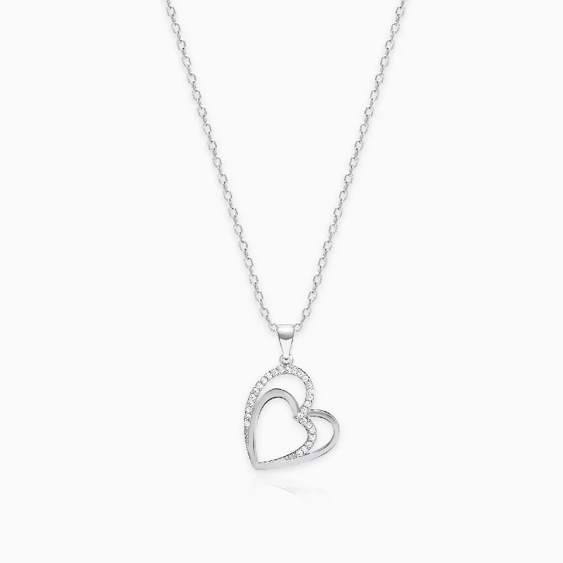 Beautiful necklaces and pendants with geometric shapes for a modern, artistic design-Silver Zircon Double Heart Pendant with Link Chain