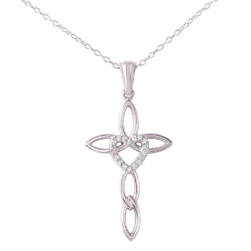 Best necklaces and pendants with rose gold for a warm and romantic appeal-Silver 925 Rhodium Plated CZ Rounded Heart and Cross Pendant Necklace - STP01495