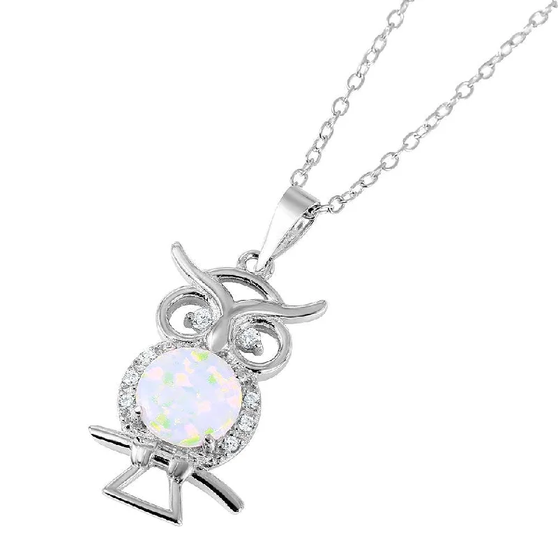 Best necklaces and pendants with layered designs for a chic, stacked look-Silver 925 Nickel Free Rhodium Plated Owl with Opal Center Stone Necklace - BGP01049