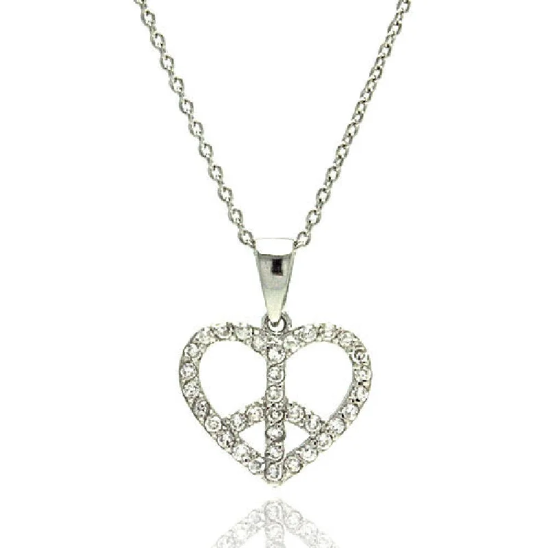 Elegant necklaces and pendants with gold chains for a chic, timeless appearance-Clearance-Silver 925 Rhodium Plated Heart Peace Sign CZ Pendant Necklace - STP00896