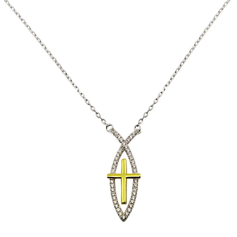 Best necklaces and pendants with black diamonds for an edgy, bold statement-Rhodium Plated 925 Sterling Silver CZ Fish Sign with Gold Plated Cross Necklace - BGP01242