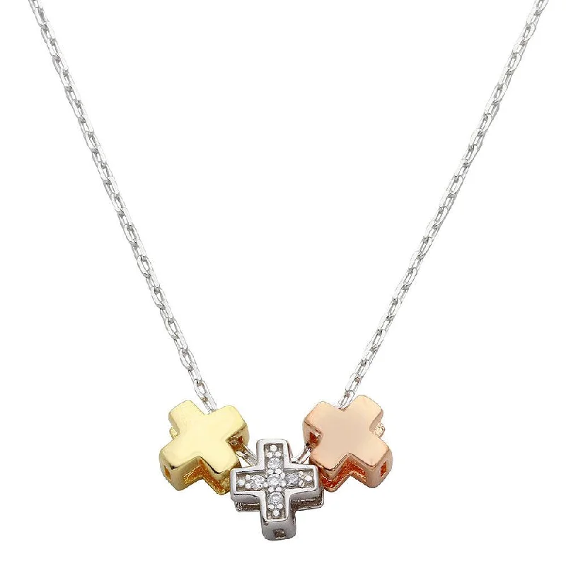 Best necklaces and pendants with floral designs for a feminine and elegant feel-Three-Tone 925 Sterling Silver Cross Charms Necklace - STP01529