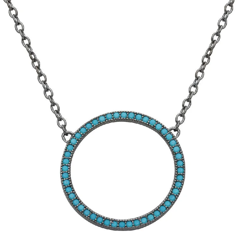 Beautiful necklaces and pendants with layered chains for a fashionable, chic look-Black Rhodium Plated 925 Sterling Silver Open Circle Turquoise Encrusted Necklace - STP01547BP