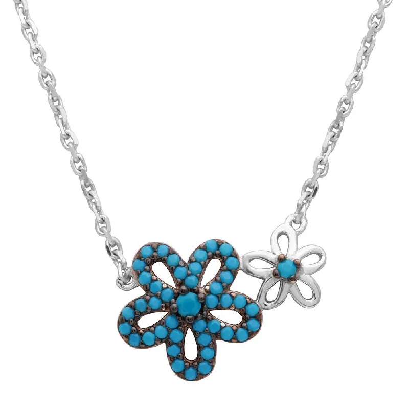 Beautiful necklaces and pendants with tree branch motifs for a nature-inspired design-Silver 925 Rhodium Plated Double Flower Necklace with Turquoise Stones - GMN00017BLK-T