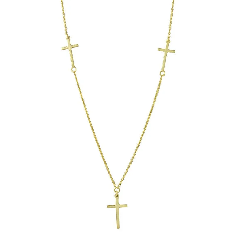 Stunning necklaces and pendants with aquamarine stones for a serene effect-Silver 925 Gold Plated 3 Crosses Necklace - DIN00046GP