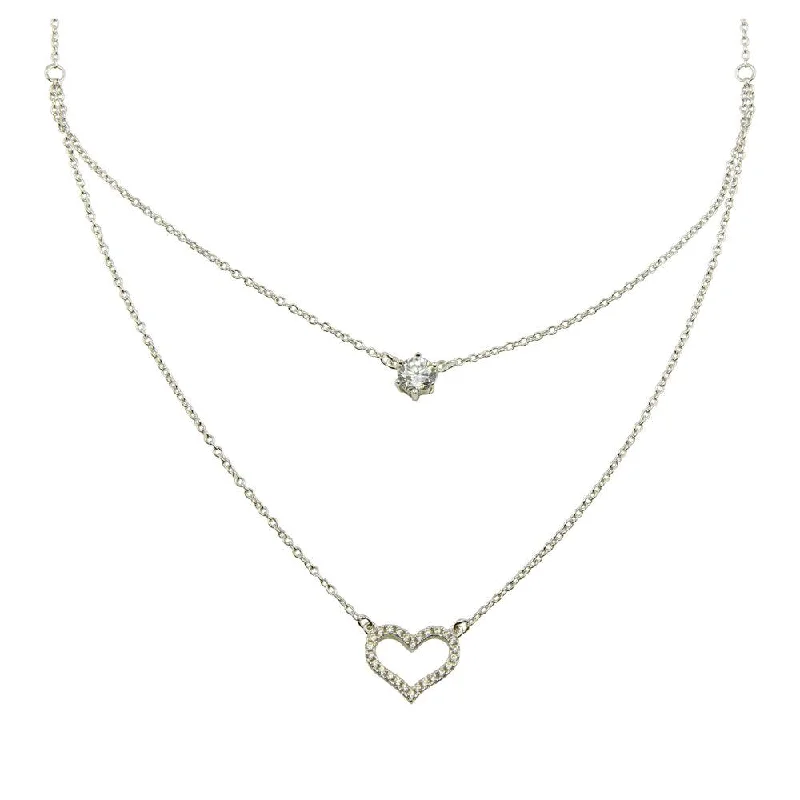 Best necklaces and pendants with floral designs for a feminine and elegant feel-Rhodium Plated 925 Sterling Silver Double Chain Heart Necklace with CZ - BGP01224