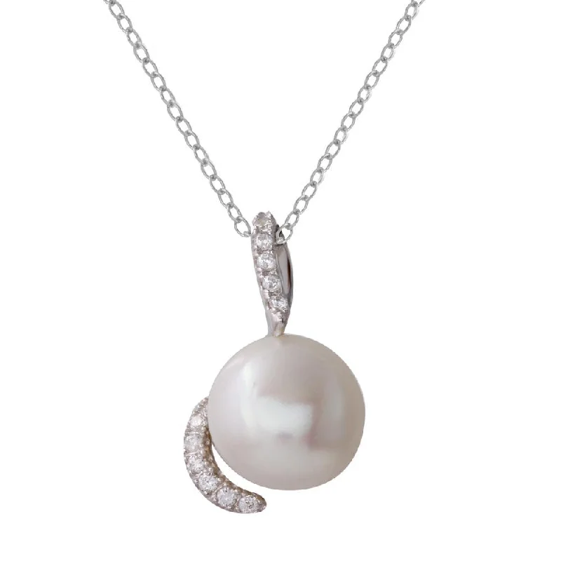 Best necklaces and pendants with intricate beadwork for a bohemian-inspired look-Rhodium Plated 925 Sterling Silver Fresh Water Pearl Necklace with Hooked CZ - BGP01220