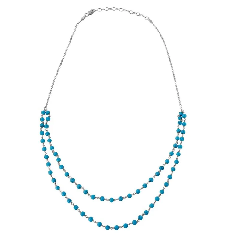 Unique necklaces and pendants with vintage-inspired designs for timeless appeal-Rhodium Plated 925 Sterling Silver Double Strand Turquoise Bead Necklace - DIN00070RH