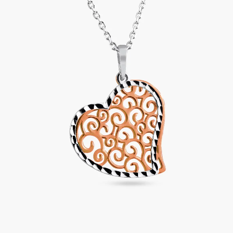 Trendy necklaces and pendants with statement pieces for a bold fashion statement-Rhodium and Rose Gold Plated 925 Sterling Silver Heart Necklace - SOP00016