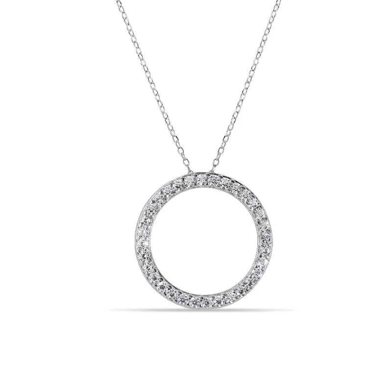 Necklaces and pendants with leaf-shaped designs for an earthy, organic feel-Rhodium Plated 925 Sterling Silver Circle Pendant Necklace with CZ - STP01591