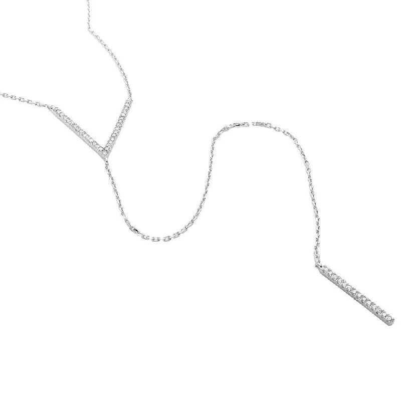 Best necklaces and pendants with silver chains for a sleek, timeless look-Silver 925 Rhodium Plated V CZ Necklace with Drop CZ Bar - GMN00006RH