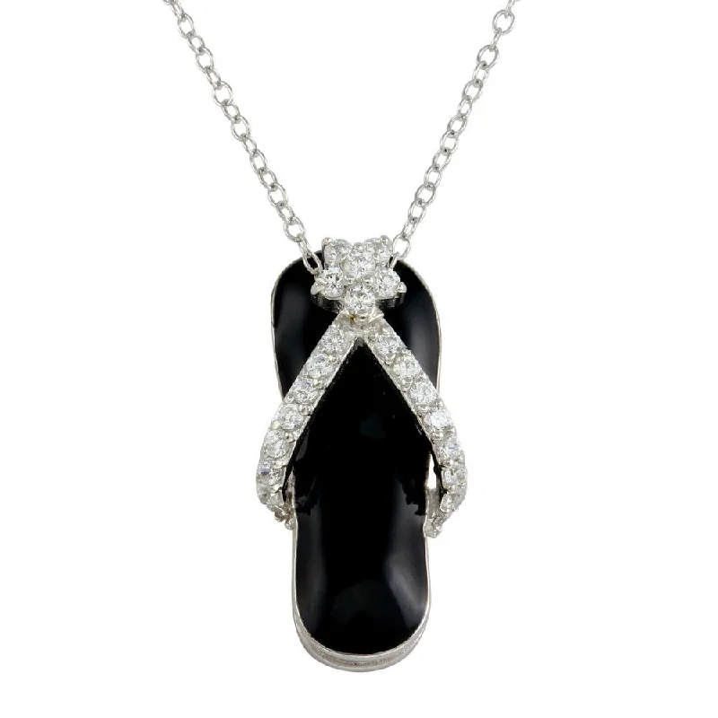 Elegant necklaces and pendants with gold chains for a chic, timeless appearance-Rhodium Plated 925 Sterling Silver Black Flip-Flop Necklace with CZ - STP00402BLK