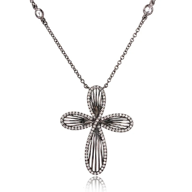 Best necklaces and pendants with heart-shaped designs for a romantic look-Silver 925 Black Rhodium Plated Cross with CZ Border Necklace - BGP01081