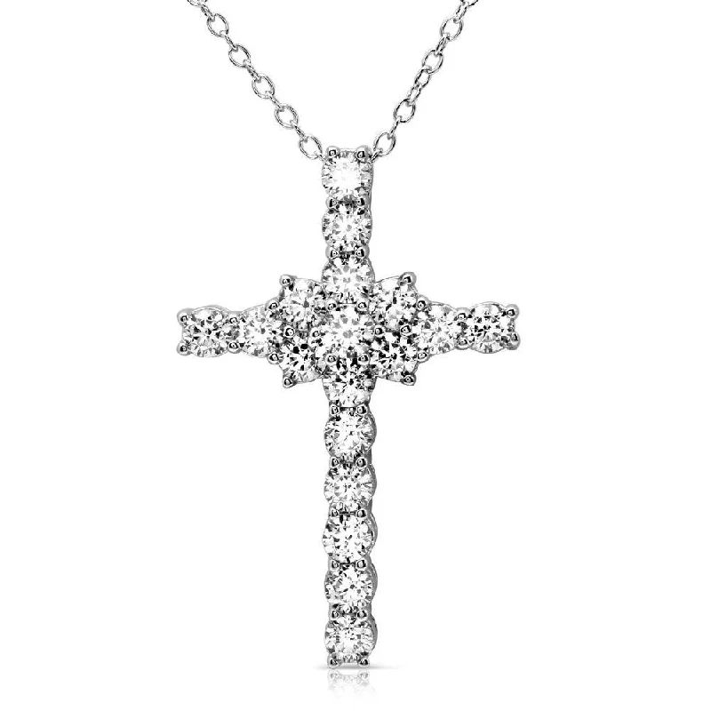 Beautiful necklaces and pendants with butterfly motifs for a whimsical style-Rhodium Plated 925 Sterling Silver Cross Necklace with Round CZ - BGP01165