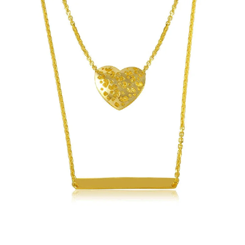 Necklaces and pendants with star-shaped designs for a whimsical, celestial touch-Silver 925 Gold Plated Double Chain Heart and Bar Necklace - DIN00043GP