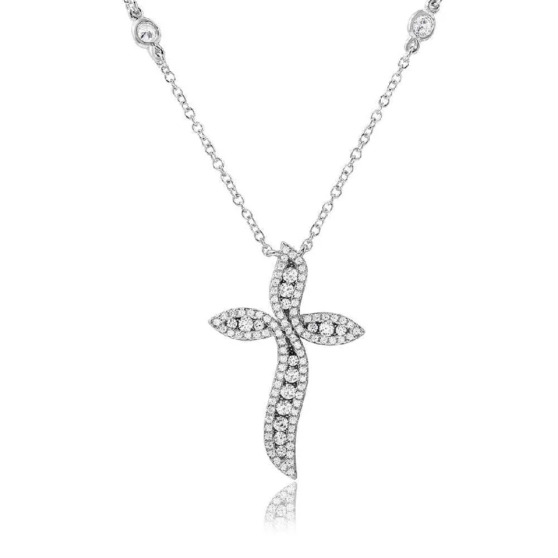 Necklaces and pendants with zodiac constellation designs for an astrological touch-Silver 925 Rhodium Plated CZ Wavy Cross Necklace - BGP01091